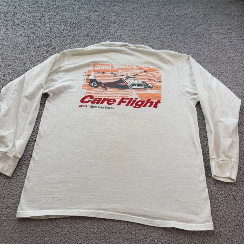 Vintage 90s Care Flight Miami Valley Hospital Helicopter Shirt Mens L USA Made
